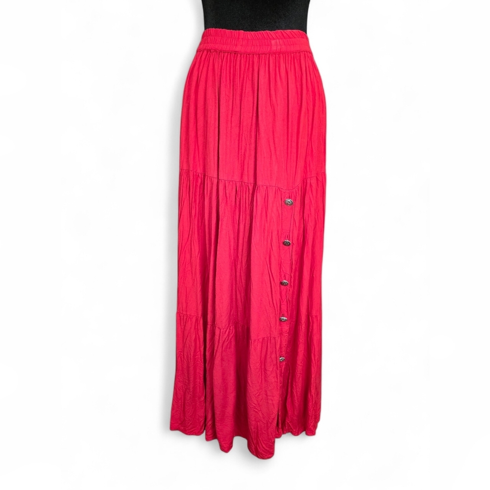 Crazy Cowgirl Red Tiered Maxi Skirt Concho Buttons Western Boho Flowy Rayon S